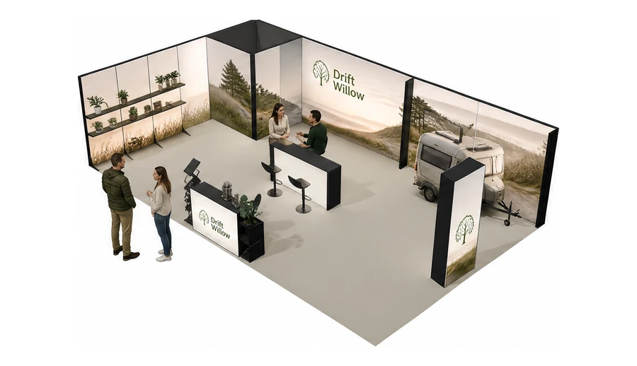 Stoisko 10 × 6 m narożne lewe dla branży caravaning i kampery, przykładowa marka Drift Willow