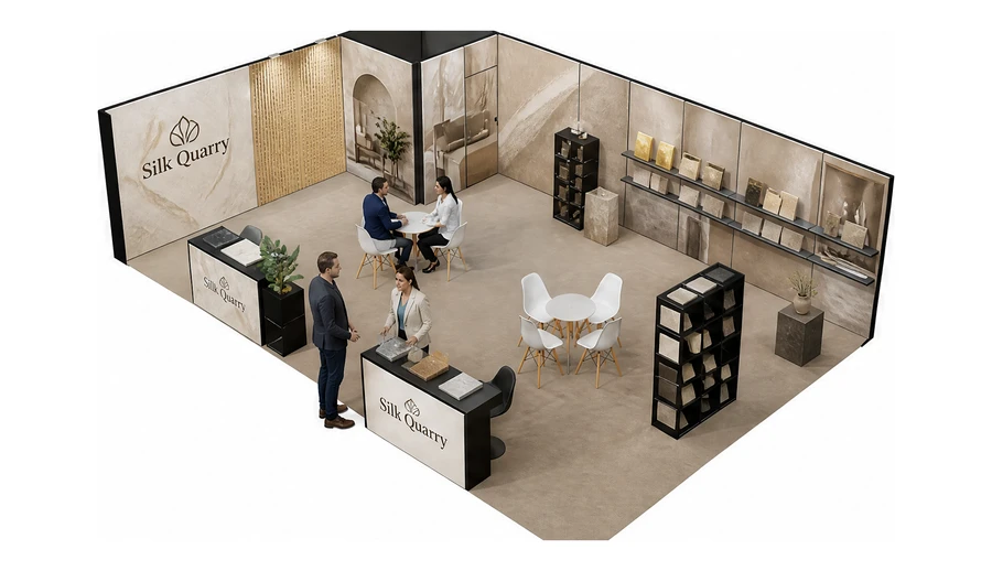 Stoisko 10 × 6 m narożne lewe dla branży wykończenie wnętrz, przykładowa marka Silk Quarry