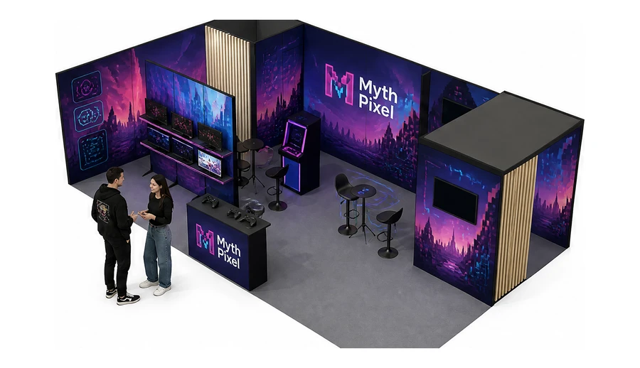 Stoisko 10 × 6 m narożne lewe dla branży gry wideo, przykładowa marka Myth Pixel