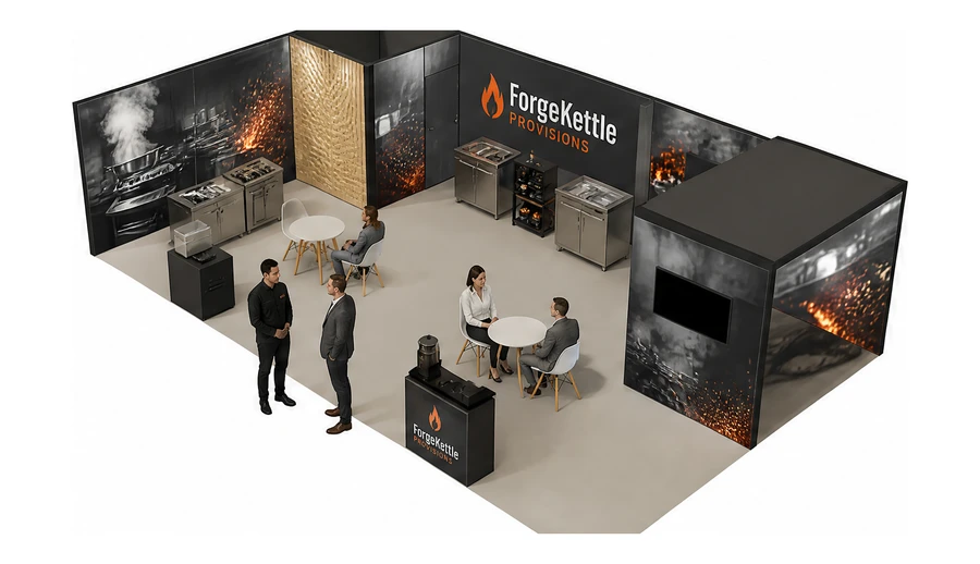 Stoisko 10 × 6 m narożne lewe dla branży wyposażenie gastronomii, przykładowa marka ForgeKettle Provisions