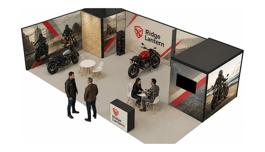 Stoisko 10 × 6 m narożne lewe dla branży motocykle i skutery, przykładowa marka Ridge Lantern