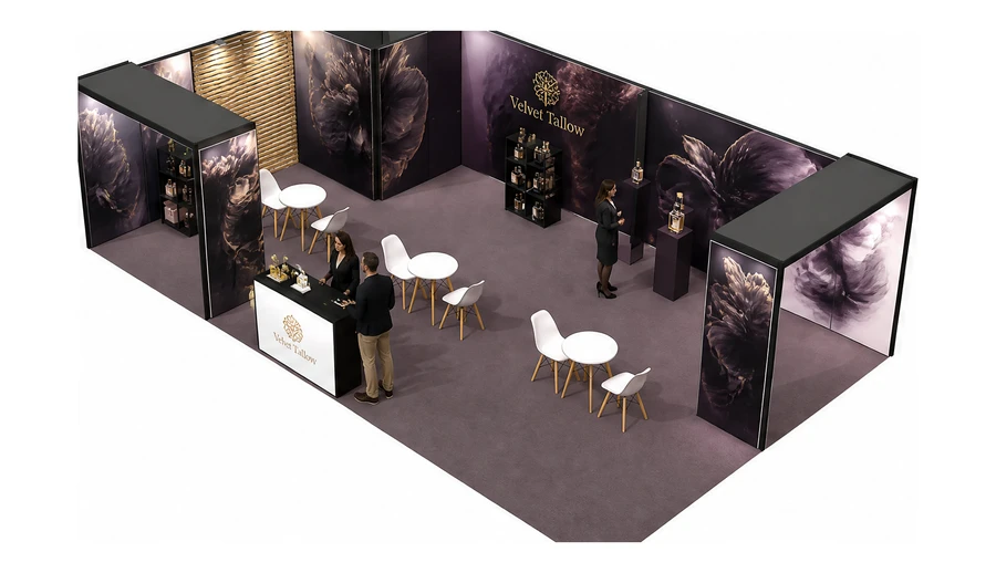 Stoisko 10 × 6 m narożne lewe dla branży perfumy, przykładowa marka Velvet Tallow