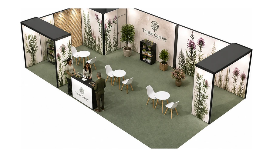 Stoisko 10 × 6 m narożne lewe dla branży rośliny i kwiaciarstwo, przykładowa marka Thistle Canopy