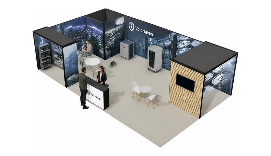 Stoisko 10 × 6 m narożne lewe dla branży magazyny energii, przykładowa marka Volt Haven