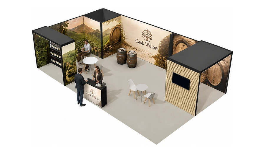 Stoisko 10 × 6 m narożne lewe dla branży winnica, przykładowa marka Cask Willow