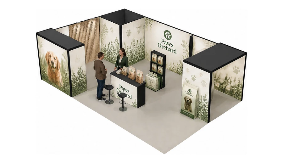 Stoisko 10 × 6 m narożne lewe dla branży karma dla zwierząt, przykładowa marka Paws Orchard