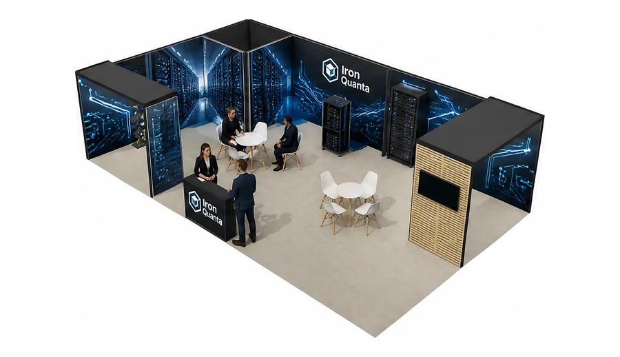 Stoisko 10 × 6 m narożne lewe dla branży infrastruktura IT i data center, przykładowa marka Iron Quanta