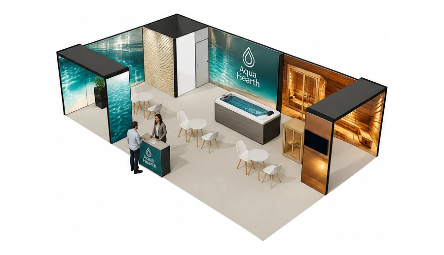Stoisko 10 × 6 m narożne lewe dla branży baseny i sauny, przykładowa marka Aqua Hearth
