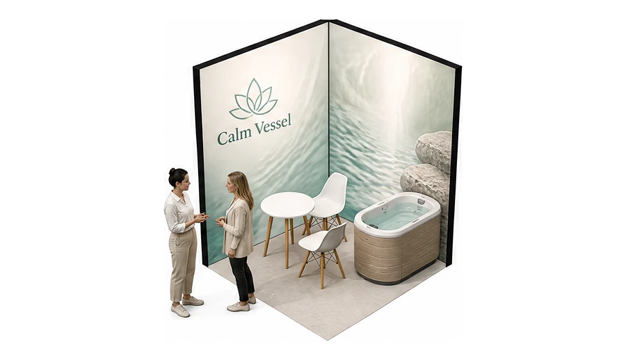 Stoisko 2 × 2 m narożne lewe dla branży spa i wellness, przykładowa marka Calm Vessel