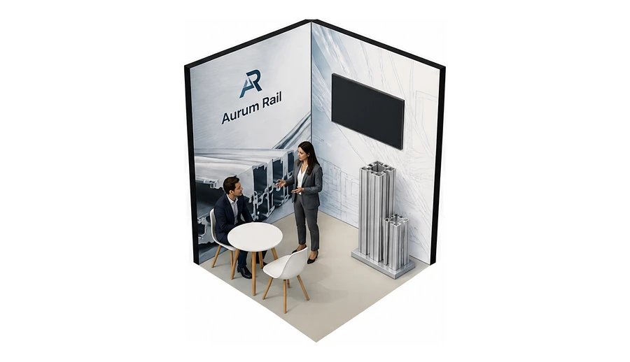 Stoisko 2 × 2 m narożne lewe dla branży profile aluminiowe, przykładowa marka Aurum Rail