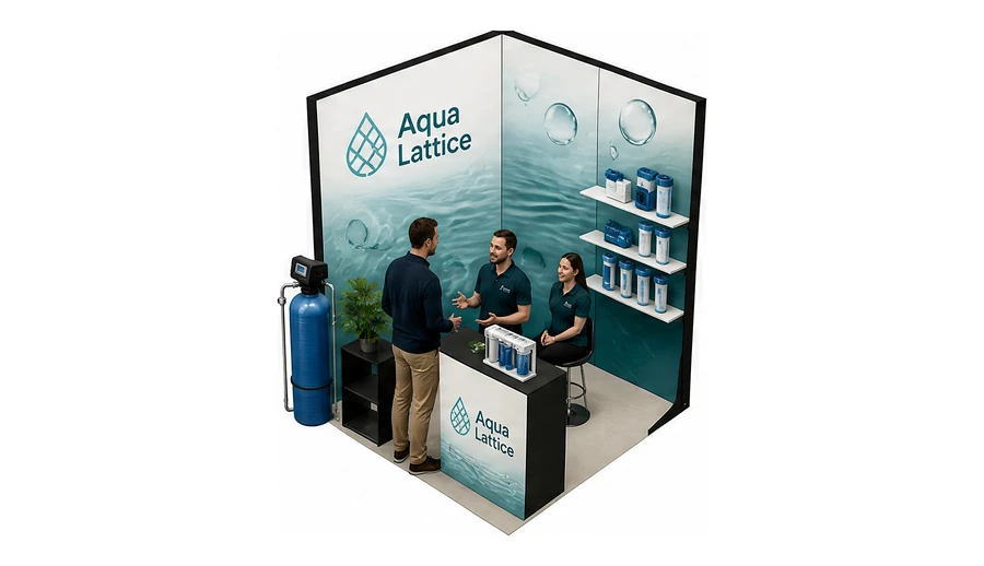 Stoisko 2 × 2 m narożne lewe dla branży technologie wodne, przykładowa marka Aqua Lattice