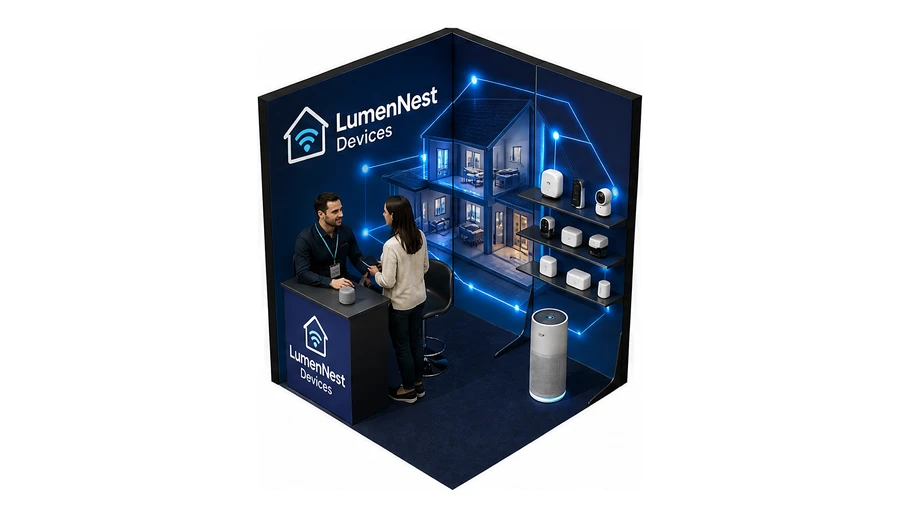 Stoisko 2 × 2 m narożne lewe dla branży smart home i IoT, przykładowa marka LumenNest Devices