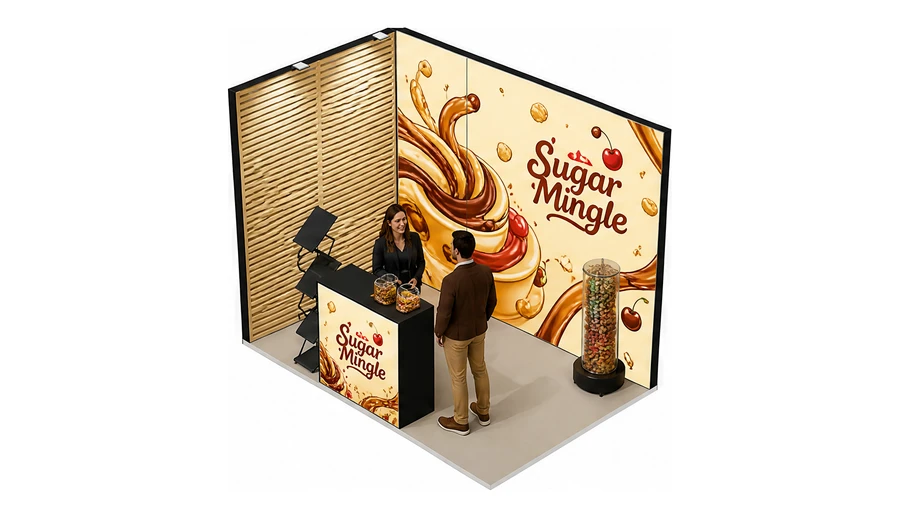 Stoisko 3 × 2 m narożne lewe dla branży słodycze i przekąski, przykładowa marka Sugar Mingle