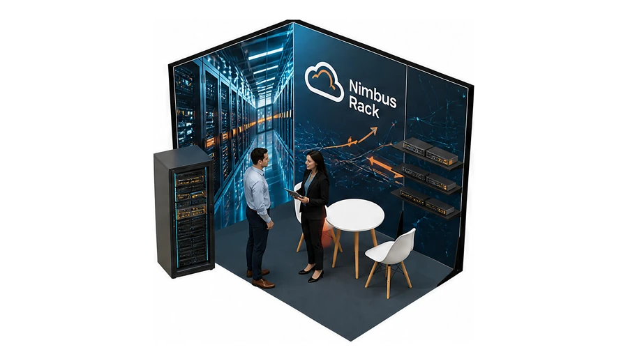 Stoisko 3 × 2 m narożne lewe dla branży infrastruktura IT i data center, przykładowa marka Nimbus Rack