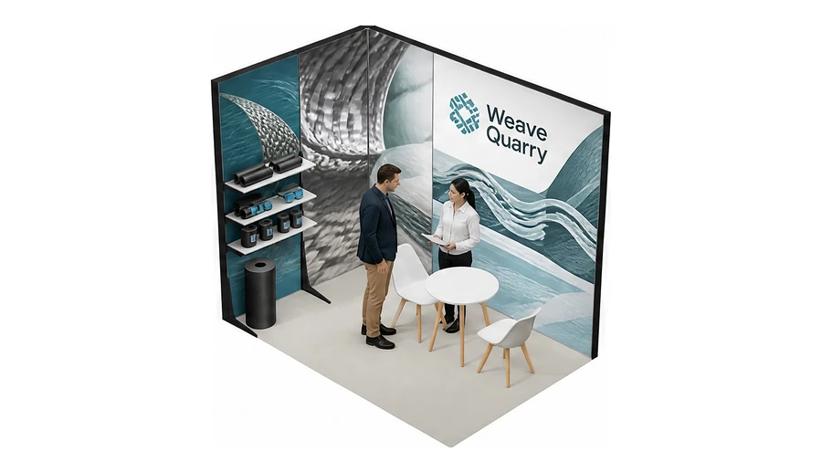 Stoisko 3 × 2 m narożne lewe dla branży materiały kompozytowe, przykładowa marka Weave Quarry