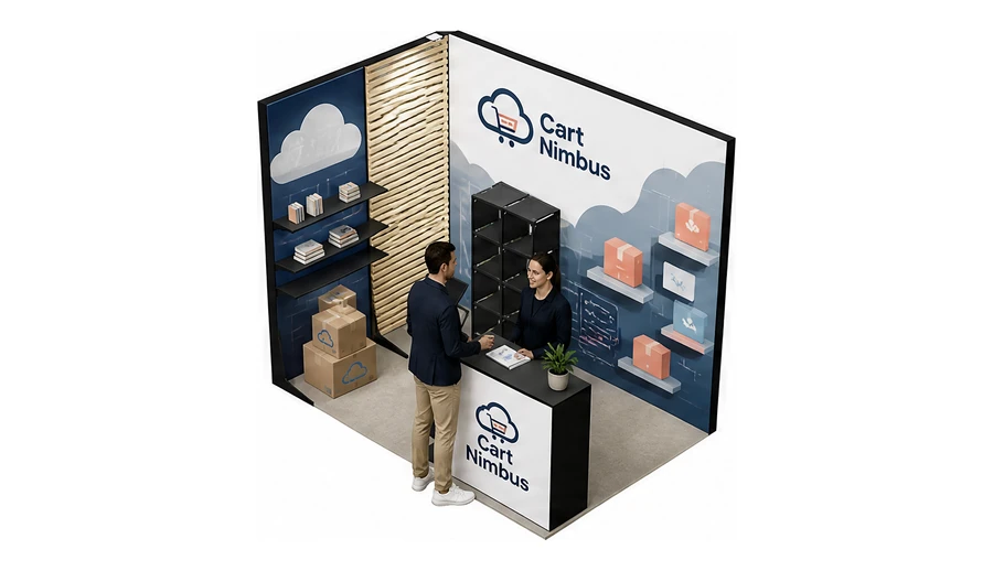 Stoisko 3 × 2 m narożne lewe dla branży e-commerce, przykładowa marka Cart Nimbus