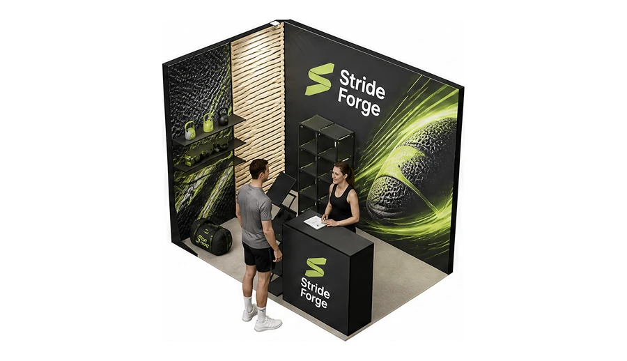 Stoisko 3 × 2 m narożne lewe dla branży sprzęt sportowy, przykładowa marka Stride Forge