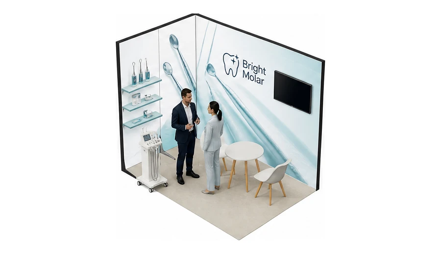 Stoisko 3 × 2 m narożne lewe dla branży stomatologia, przykładowa marka Bright Molar