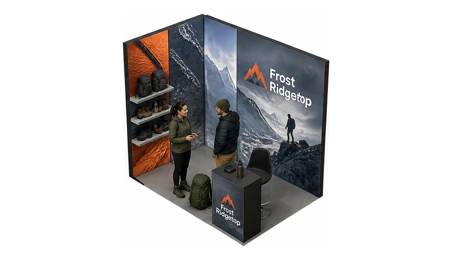 Stoisko 3 × 2 m narożne lewe dla branży odzież i sprzęt outdoorowy, przykładowa marka Frost Ridgetop