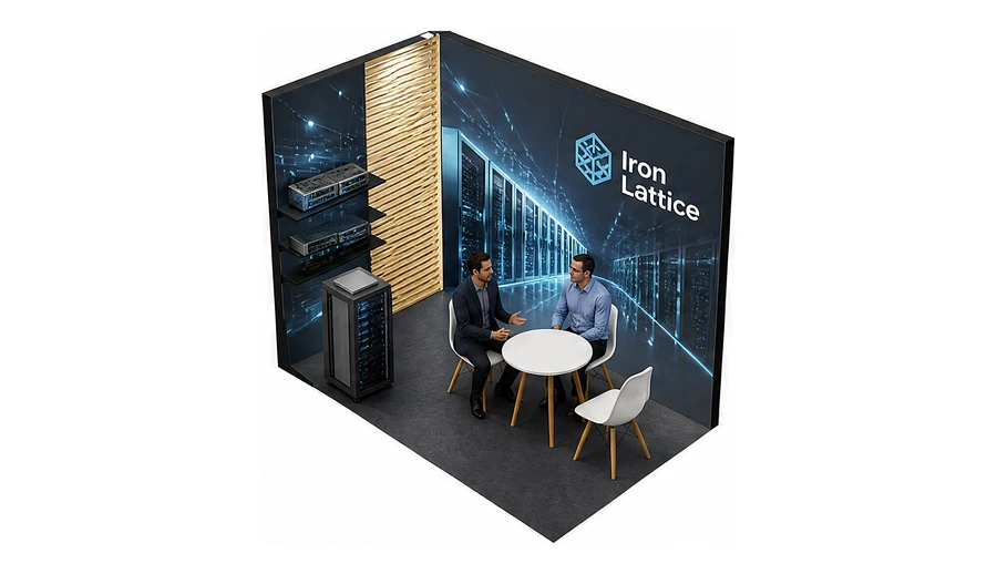 Stoisko 3 × 2 m narożne lewe dla branży infrastruktura IT i data center, przykładowa marka Iron Lattice