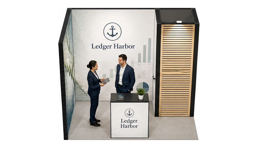Stoisko 3 × 2 m narożne lewe dla branży usługi finansowe i księgowe, przykładowa marka Ledger Harbor