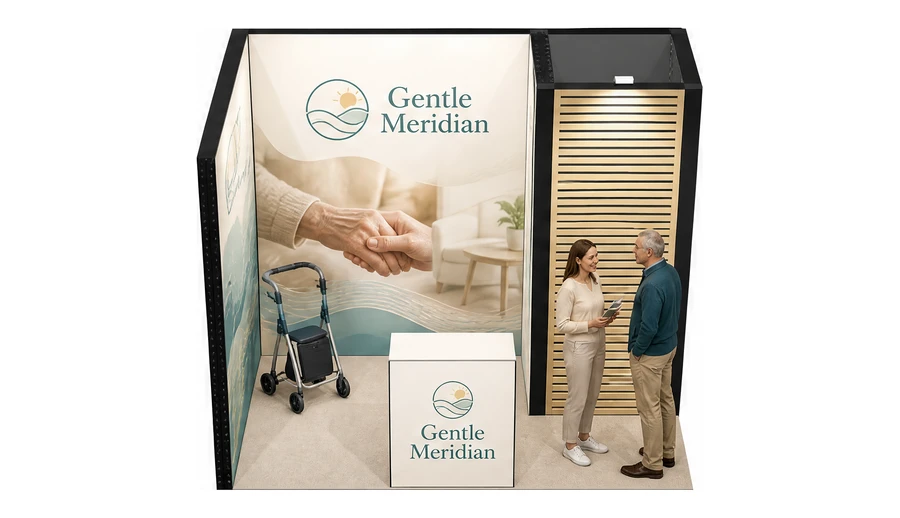 Stoisko 3 × 2 m narożne lewe dla branży opieka senioralna, przykładowa marka Gentle Meridian