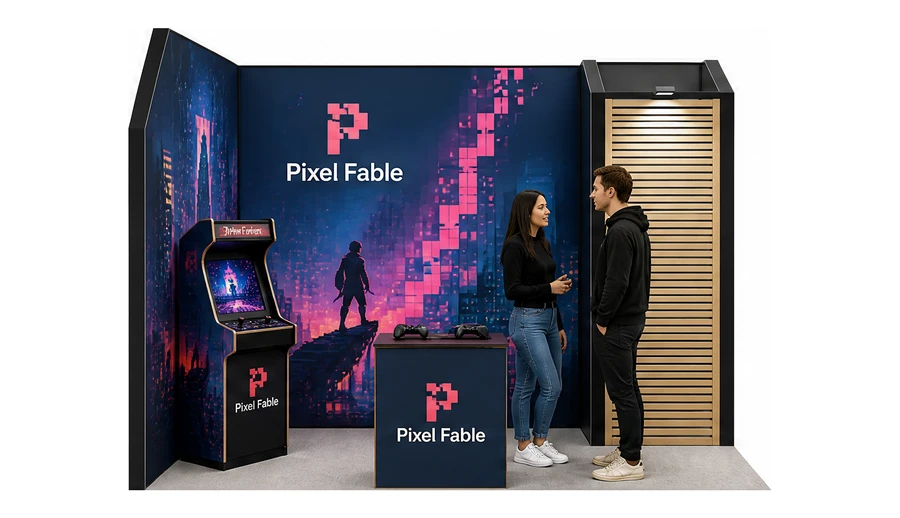 Stoisko 3 × 2 m narożne lewe dla branży gry wideo, przykładowa marka Pixel Fable