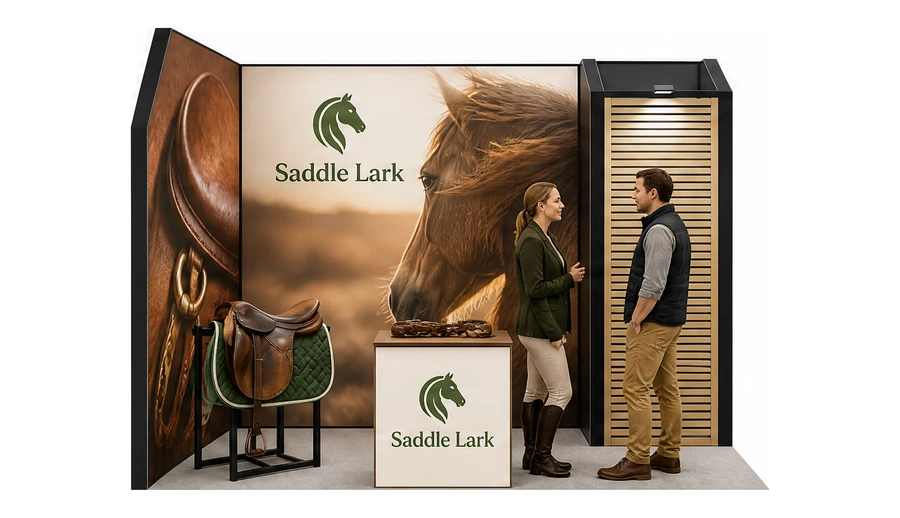 Stoisko 3 × 2 m narożne lewe dla branży jeździectwo, przykładowa marka Saddle Lark