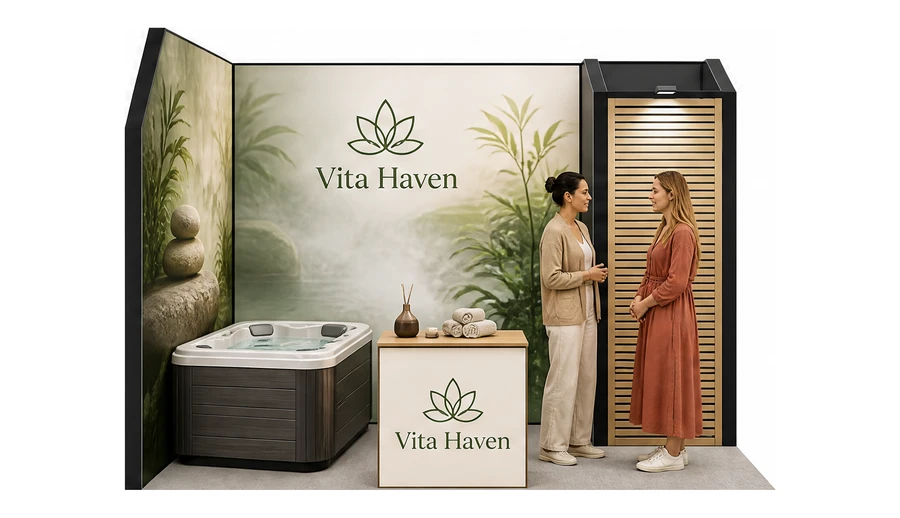 Stoisko 3 × 2 m narożne lewe dla branży spa i wellness, przykładowa marka Vita Haven