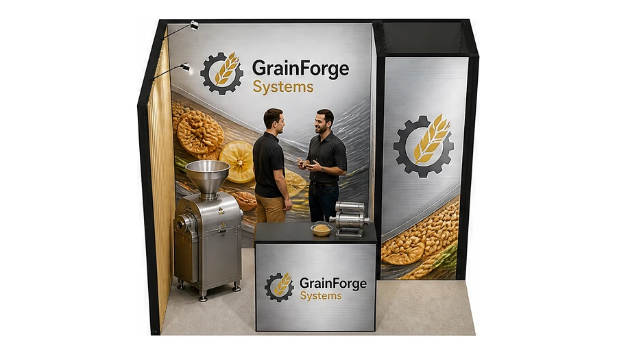 Stoisko 3 × 2 m narożne lewe dla branży technologie spożywcze, przykładowa marka GrainForge Systems