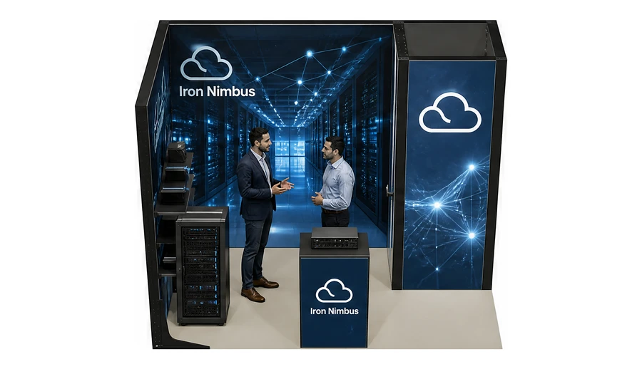 Stoisko 3 × 2 m narożne lewe dla branży infrastruktura IT i data center, przykładowa marka Iron Nimbus