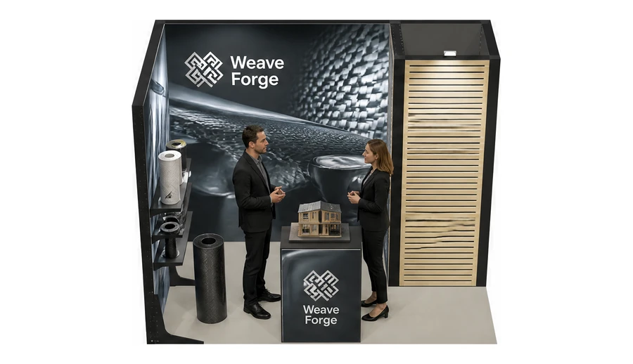 Stoisko 3 × 2 m narożne lewe dla branży materiały kompozytowe, przykładowa marka Weave Forge