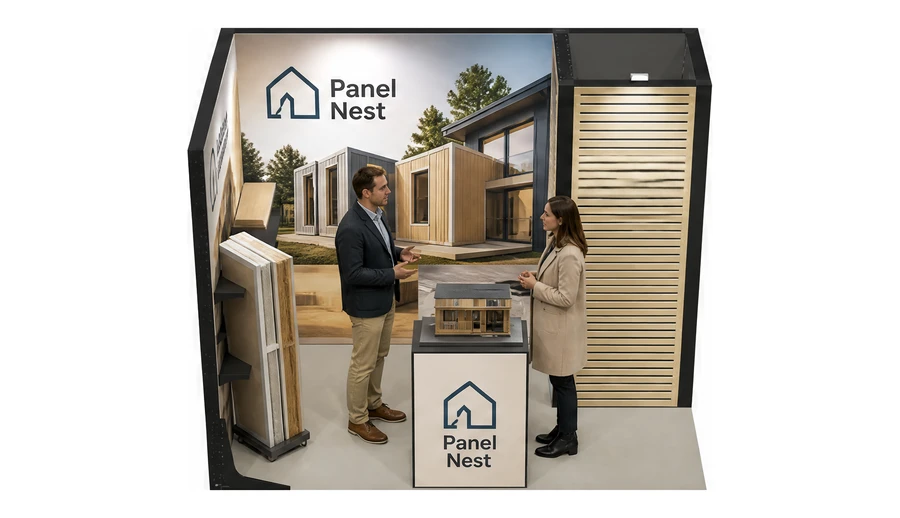 Stoisko 3 × 2 m narożne lewe dla branży domy modułowe i prefabrykacja, przykładowa marka Panel Nest