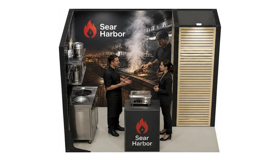 Stoisko 3 × 2 m narożne lewe dla branży wyposażenie gastronomii, przykładowa marka Sear Harbor