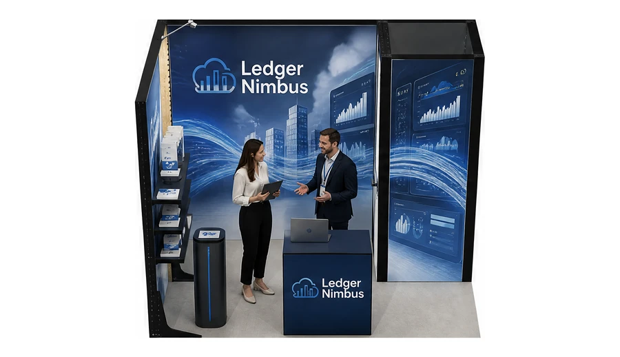 Stoisko 3 × 2 m narożne lewe dla branży oprogramowanie dla firm, przykładowa marka Ledger Nimbus
