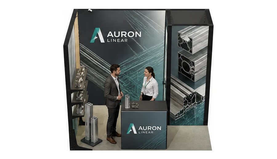 Stoisko 3 × 2 m narożne lewe dla branży profile aluminiowe, przykładowa marka Auron Linear