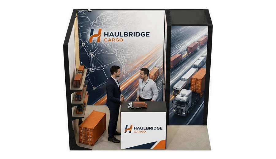 Stoisko 3 × 2 m narożne lewe dla branży logistyka i spedycja, przykładowa marka Haulbridge Cargo