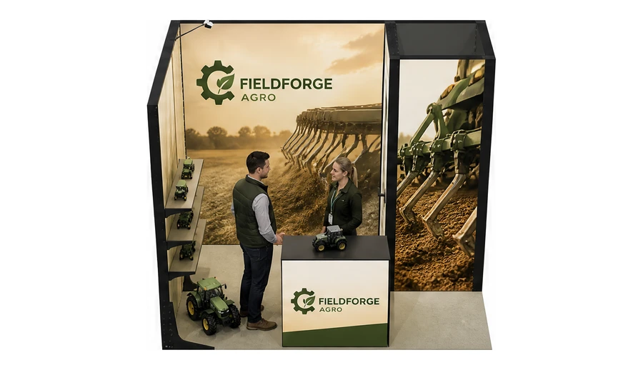 Stoisko 3 × 2 m narożne lewe dla branży maszyny rolnicze, przykładowa marka Fieldforge Agro
