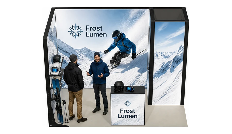Stoisko 3 × 2 m narożne lewe dla branży narciarstwo i sporty zimowe, przykładowa marka Frost Lumen