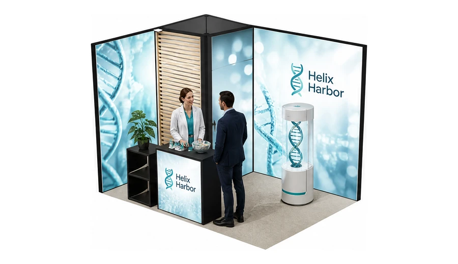 Stoisko 3 × 2 m narożne lewe dla branży farmacja i biotechnologia, przykładowa marka Helix Harbor