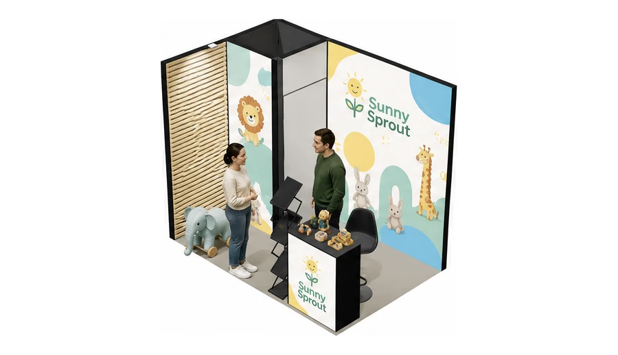 Stoisko 3 × 2 m narożne lewe dla branży zabawki i artykuły dziecięce, przykładowa marka Sunny Sprout