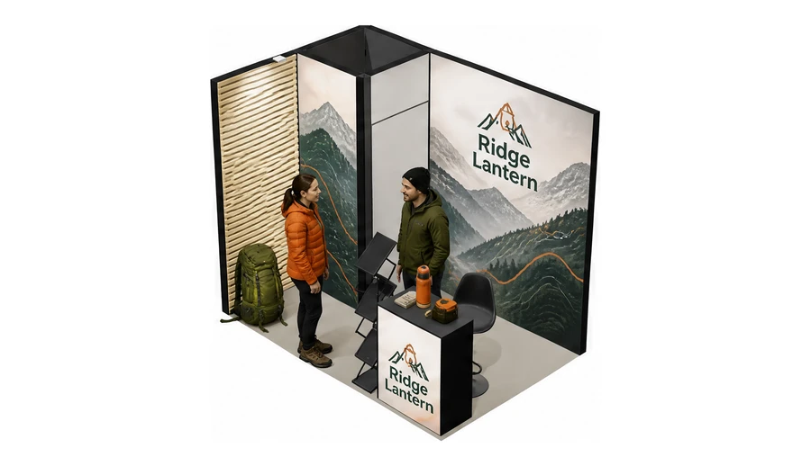 Stoisko 3 × 2 m narożne lewe dla branży odzież i sprzęt outdoorowy, przykładowa marka Ridge Lantern