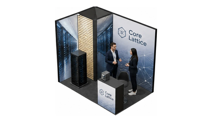 Stoisko 3 × 2 m narożne lewe dla branży infrastruktura IT i data center, przykładowa marka Core Lattice