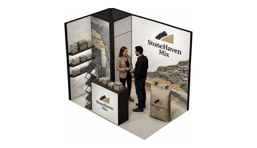 Stoisko 3 × 2 m narożne lewe dla branży materiały budowlane, przykładowa marka StoneHaven Mix