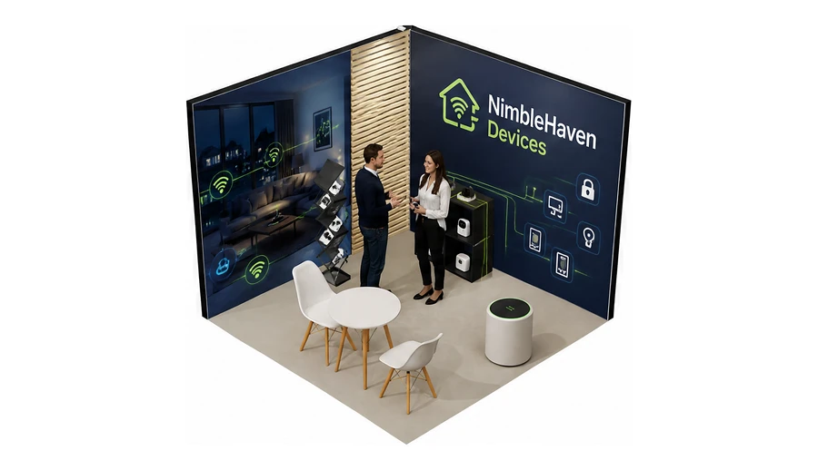 Stoisko 3 × 3 m narożne lewe dla branży smart home i IoT, przykładowa marka NimbleHaven Devices