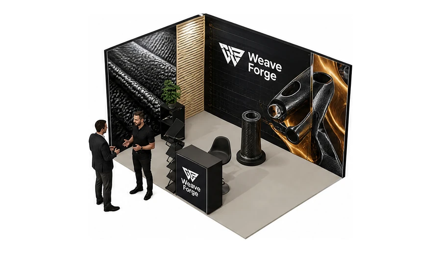 Stoisko 3 × 3 m narożne lewe dla branży materiały kompozytowe, przykładowa marka Weave Forge