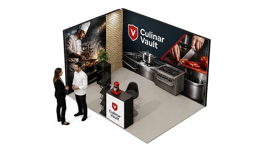 Stoisko 3 × 3 m narożne lewe dla branży wyposażenie gastronomii, przykładowa marka Culinar Vault