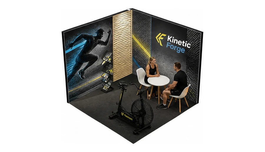 Stoisko 3 × 3 m narożne lewe dla branży fitness i siłownie, przykładowa marka Kinetic Forge