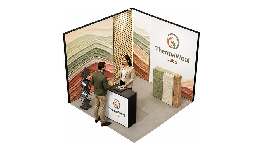 Stoisko 3 × 3 m narożne lewe dla branży izolacje techniczne, przykładowa marka ThermaWool Labs