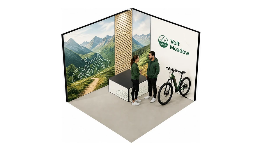 Stoisko 3 × 3 m narożne lewe dla branży rowery elektryczne, przykładowa marka Volt Meadow